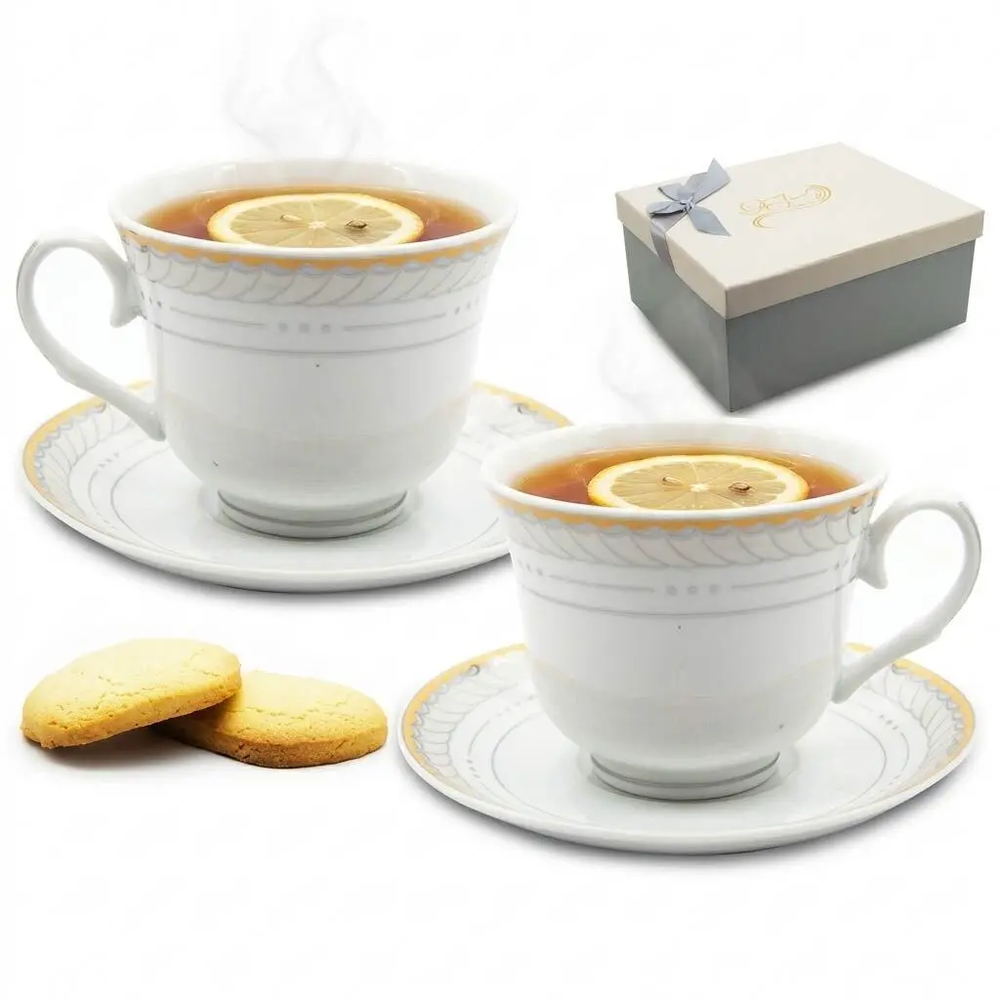 Zdjęcie produktu Zestaw Filiżanek Ceramicznych do kawy i herbaty 2+2 ze spodkami 250ml GP2474 TR1902SY