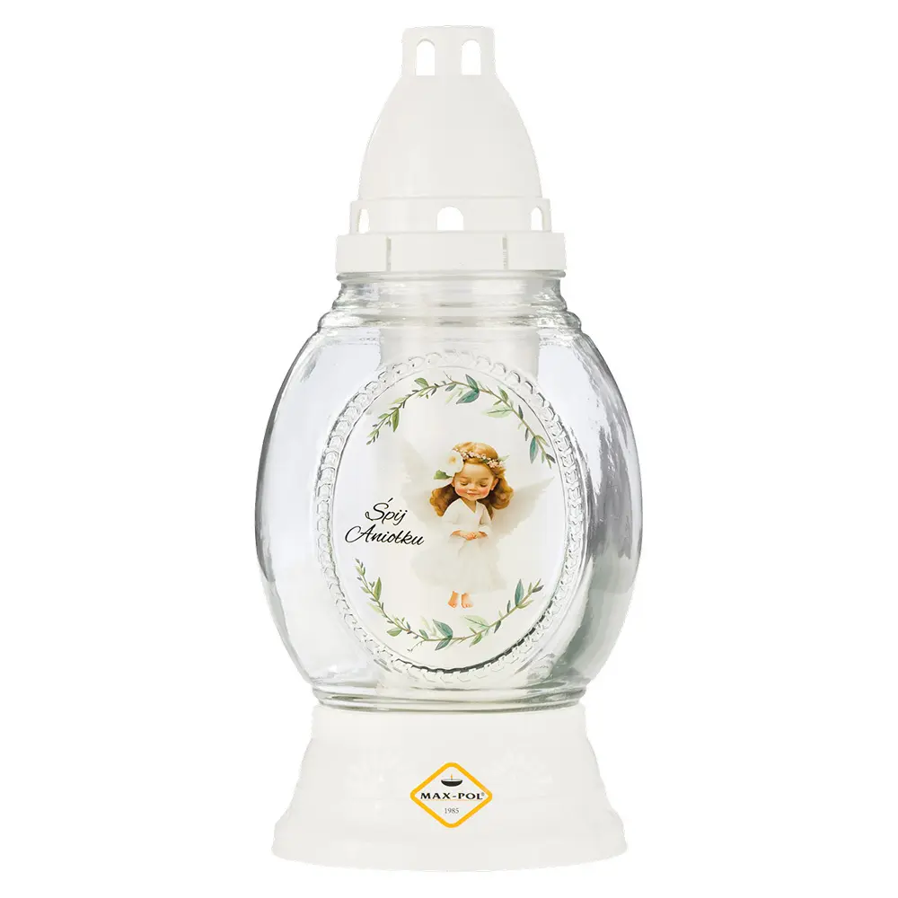 Zdjęcie produktu Znicz szklany kapliczka śpij aniołku z wkładem biały 26 cm 1069 AP2