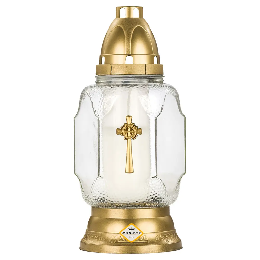 Zdjęcie produktu Znicz szklany z wkładem lampion złoty bezbarwny model 1135 AP ZL Bezb 19 cm