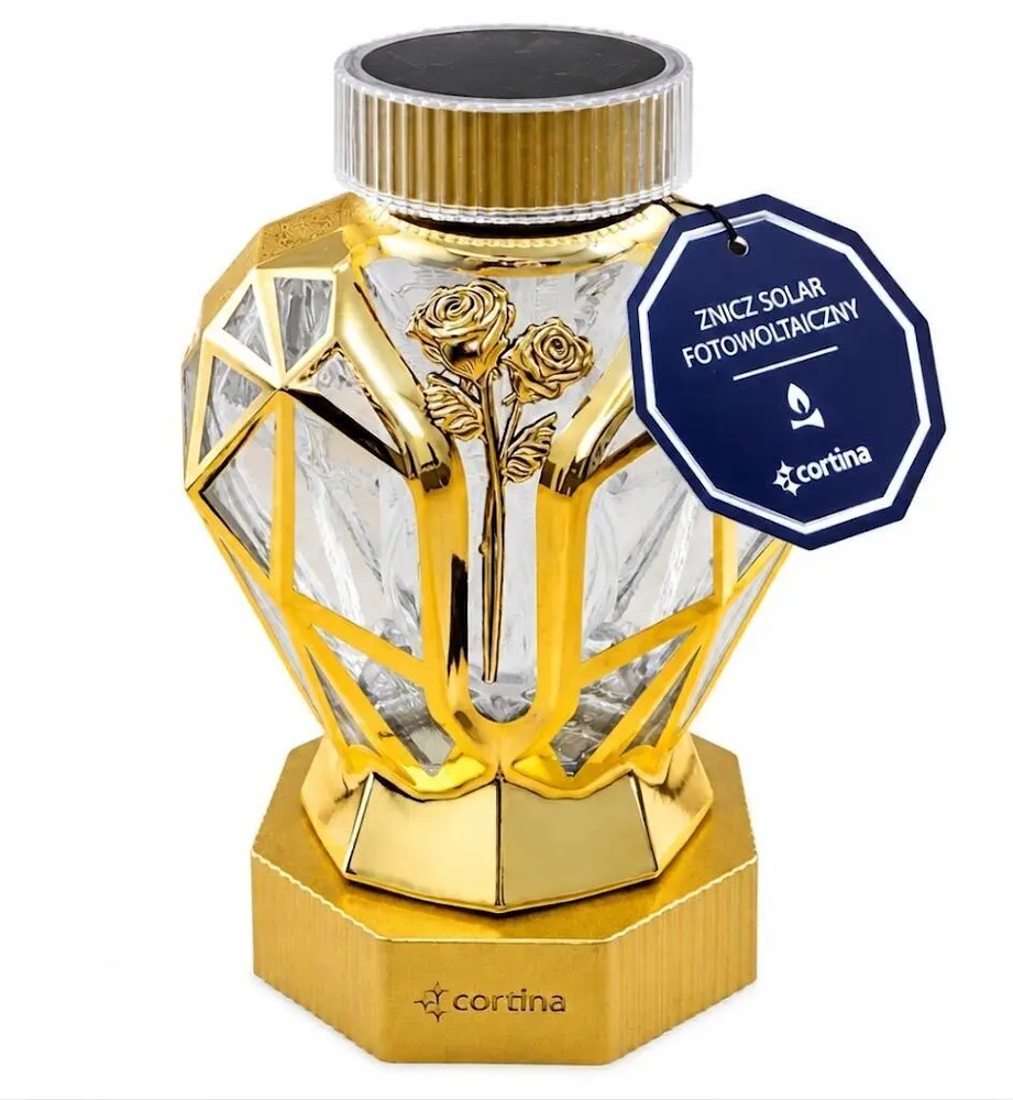 Zdjęcie produktu Znicz solarny nagrobny led serce metalizowany złoty 22 cm