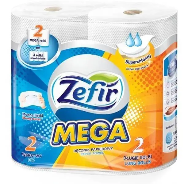 Zdjęcie produktu Ręcznik Papierowy Kuchenny Zefir Mega 2 warstwy 2 rolki miękki wytrzymały  