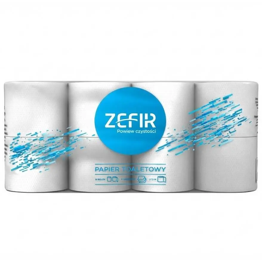 Zdjęcie produktu Papier Toaletowy Zefir 8 Rolek 3 Warstwy 27,5m Ekologiczny 100% Cellulozy Biały Miękki Delikatny