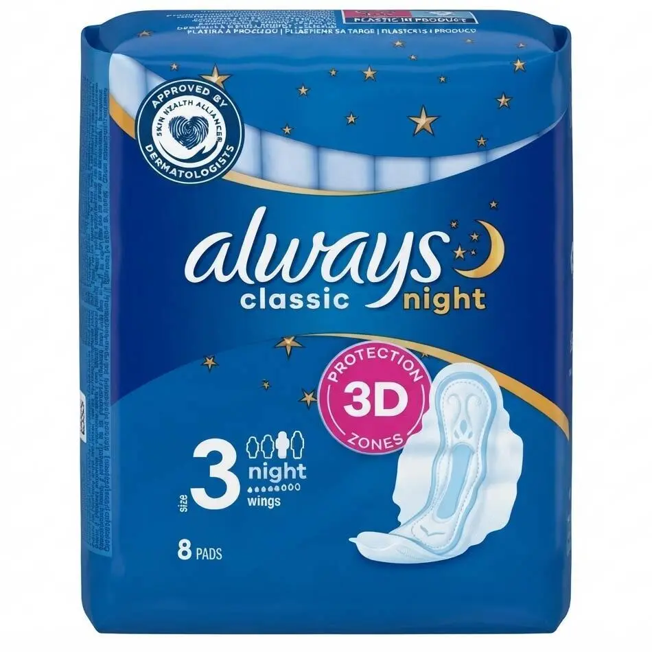 Zdjęcie produktu Podpaski ze Skrzydełkami Always Classic Night 3D Protection 8 sztuk rozmiar 3