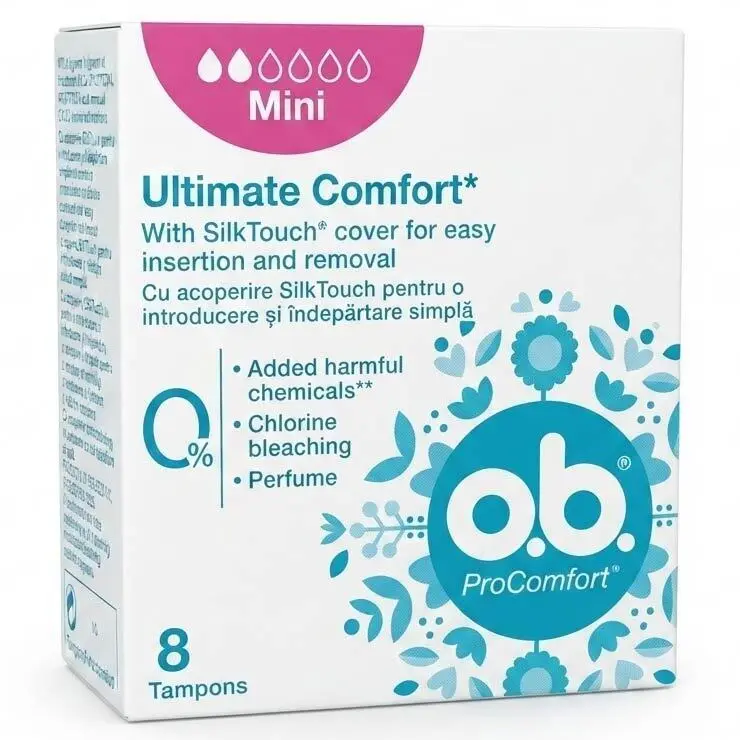 Zdjęcie produktu Tampony OB Ultimate Comfort Mini Otoczka Silktouch Gładkie 8 sztuk