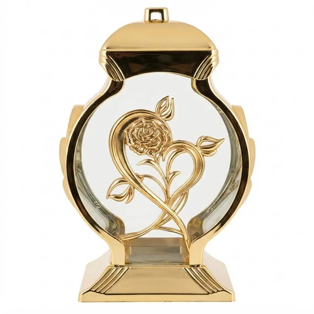 Zdjęcie produktu Znicz Nowoczesny Elegancki Duży Nagrobny Szklany Złoty Róża i Serce 36 cm  L-1129