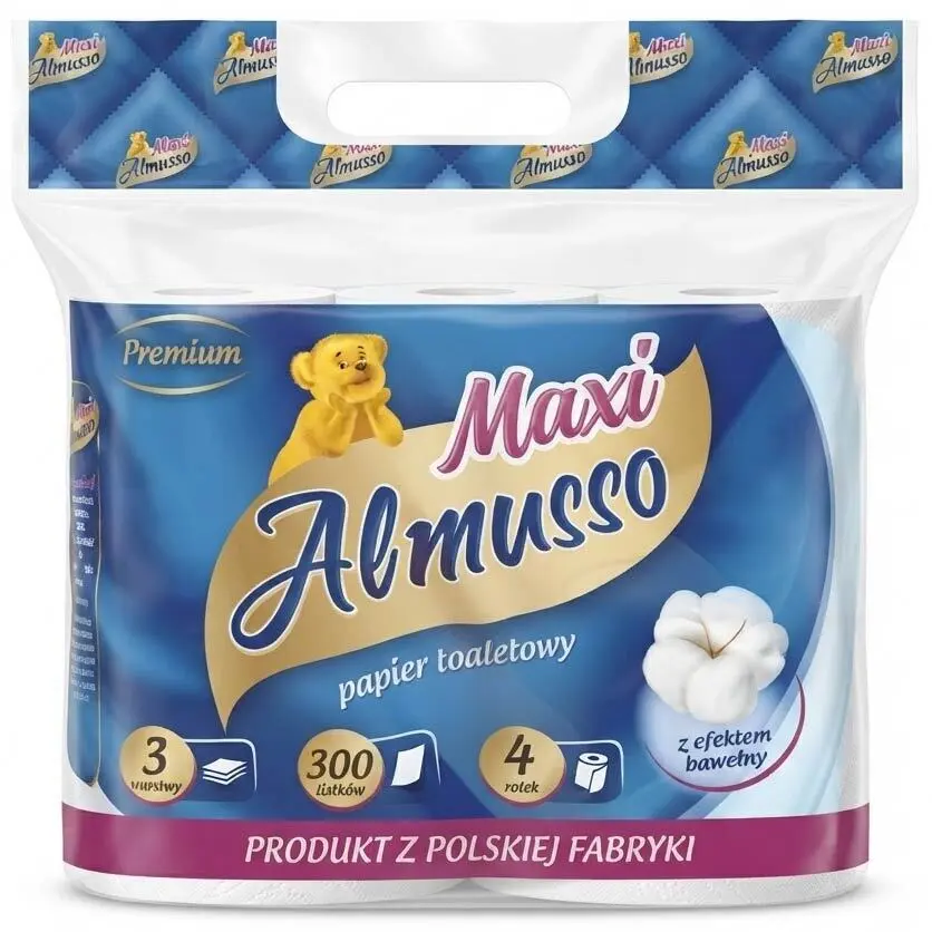 Zdjęcie produktu Papier Toaletowy Almusso Maxi 300 listków 3 warstwowy 48 Rolek z efektem bawełny Premium 