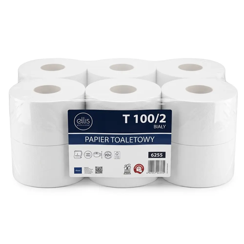 Zdjęcie produktu Papier toaletowy jumbo dwuwarstwowy celuloza duża rolka biały 90 m