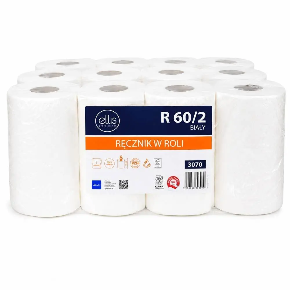 Zdjęcie produktu Ręcznik Papierowy Biały Ellis R60/2 2 warstwy 19cm do wycierania rąk i czyszczenia różnych powierzchni 1 Rolka
