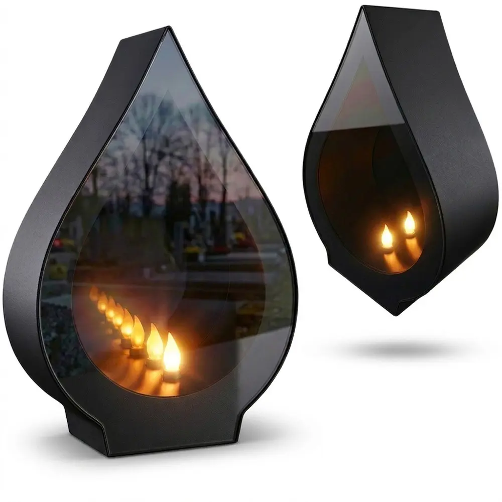 Zdjęcie produktu Znicz na Cmentarz z Efektem Nieskończoności Kropla Dwustronny 3D Czarny Lustrzany z wkładem LED 31cm