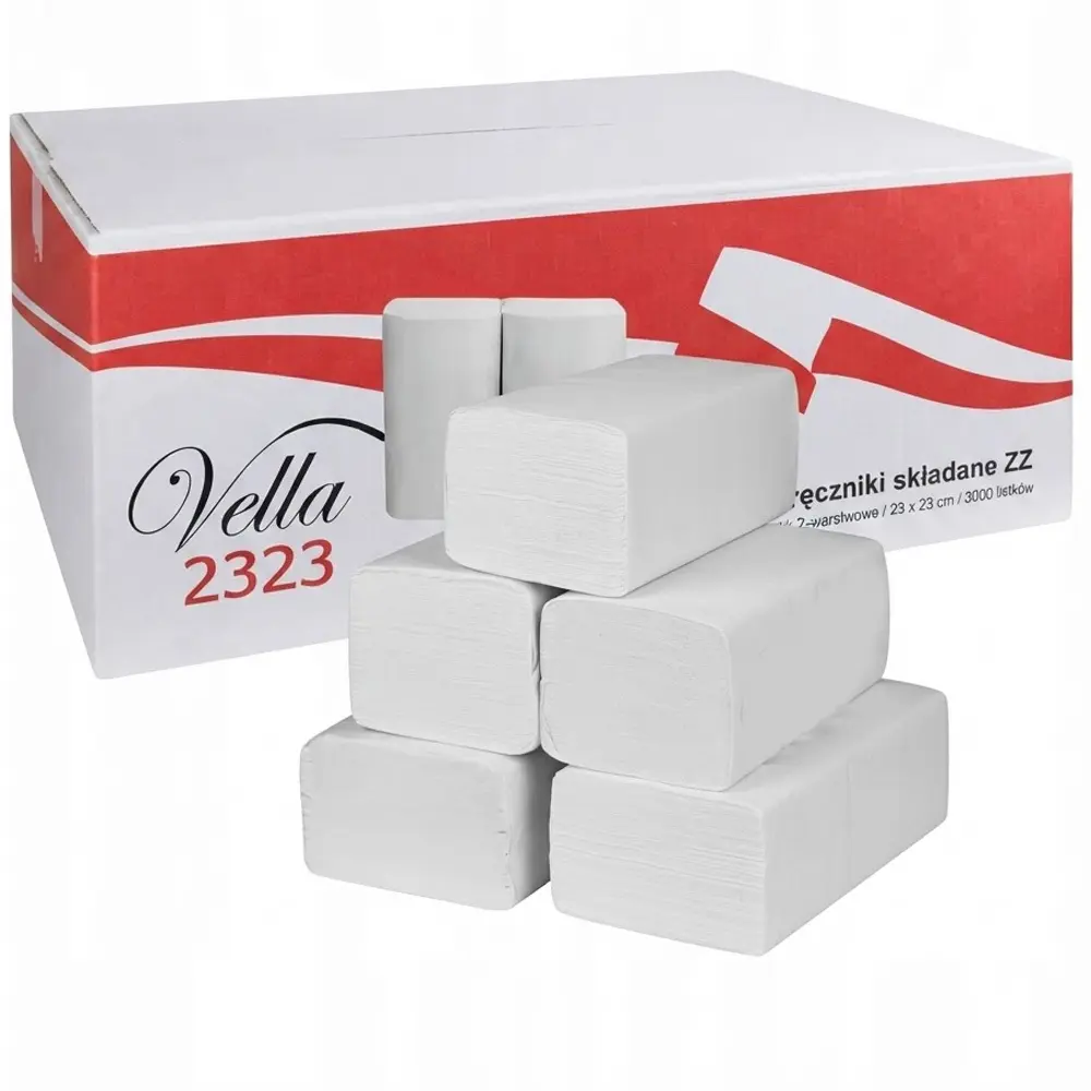 Zdjęcie produktu Ręcznik Papierowy ZZ Vella Biały Celuloza 3000 Listków 23x23 cm Kod 586 Kaczory