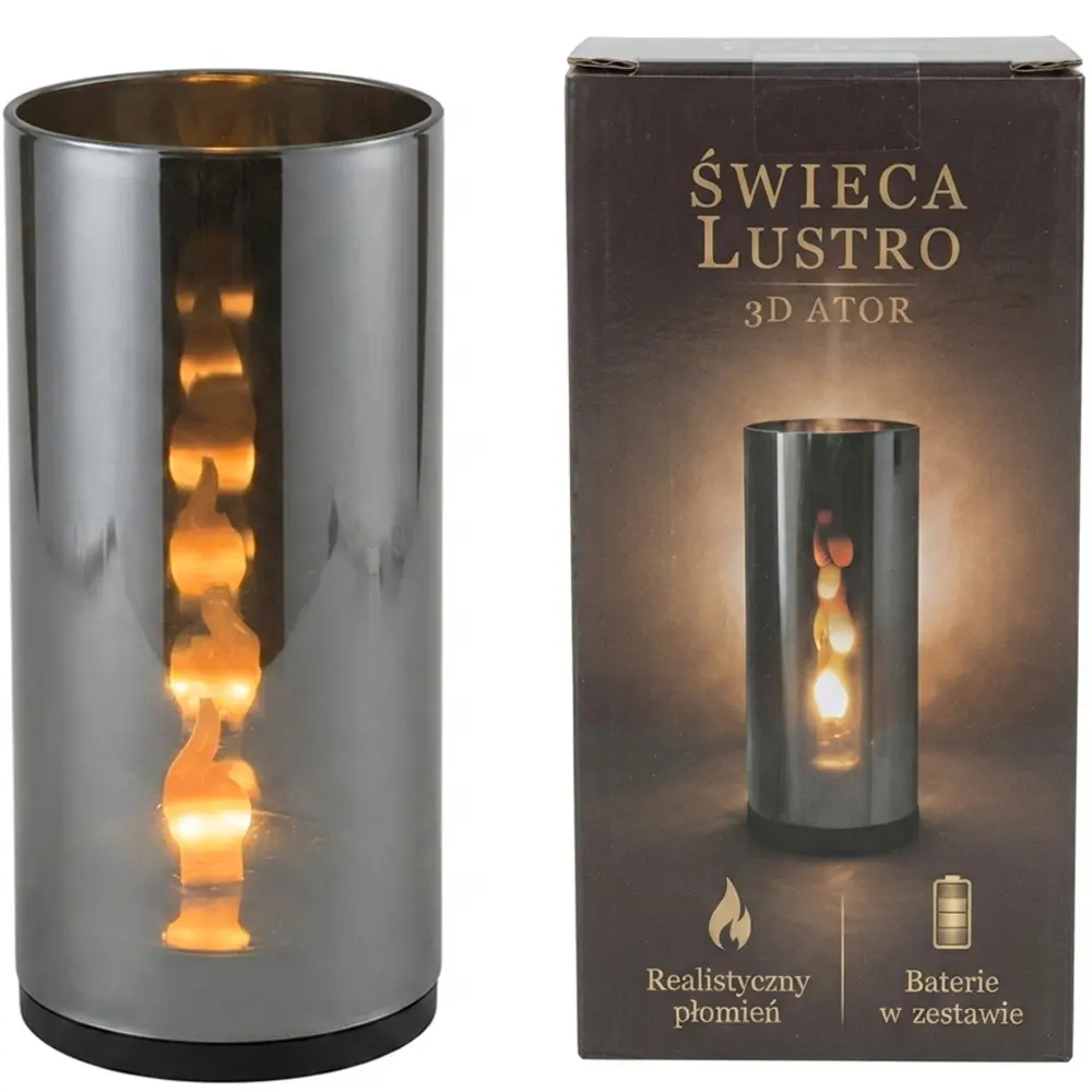 Zdjęcie produktu Znicz Wkład LED Świeca Tuba Lustrzana 3D Efekt Nieskończoności Płomienia Srebrny przyciemnione szkło 13 x 6cm