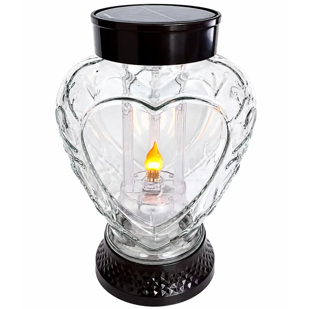 Zdjęcie produktu Latarnia Solarna Led Znicz Szklany Lampion Czarny Serce Ciepły Płomień z wymiennymi akumulatorkami 22 cm                                        
