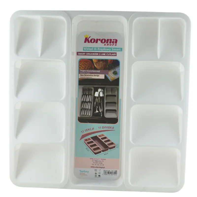 Zdjęcie produktu Organizer Wkład do Szuflady Biały 3-rzędowy na Sztucce Noże Widelce Przybory Kuchenne 40x40x5,5 Smart