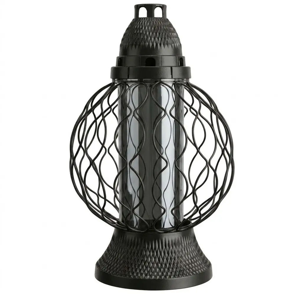 Zdjęcie produktu Znicz na Cmentarz Ażurowa Kula ze Szklaną Tubą na Wkład Parafinowy lub LED Czarny 38cm