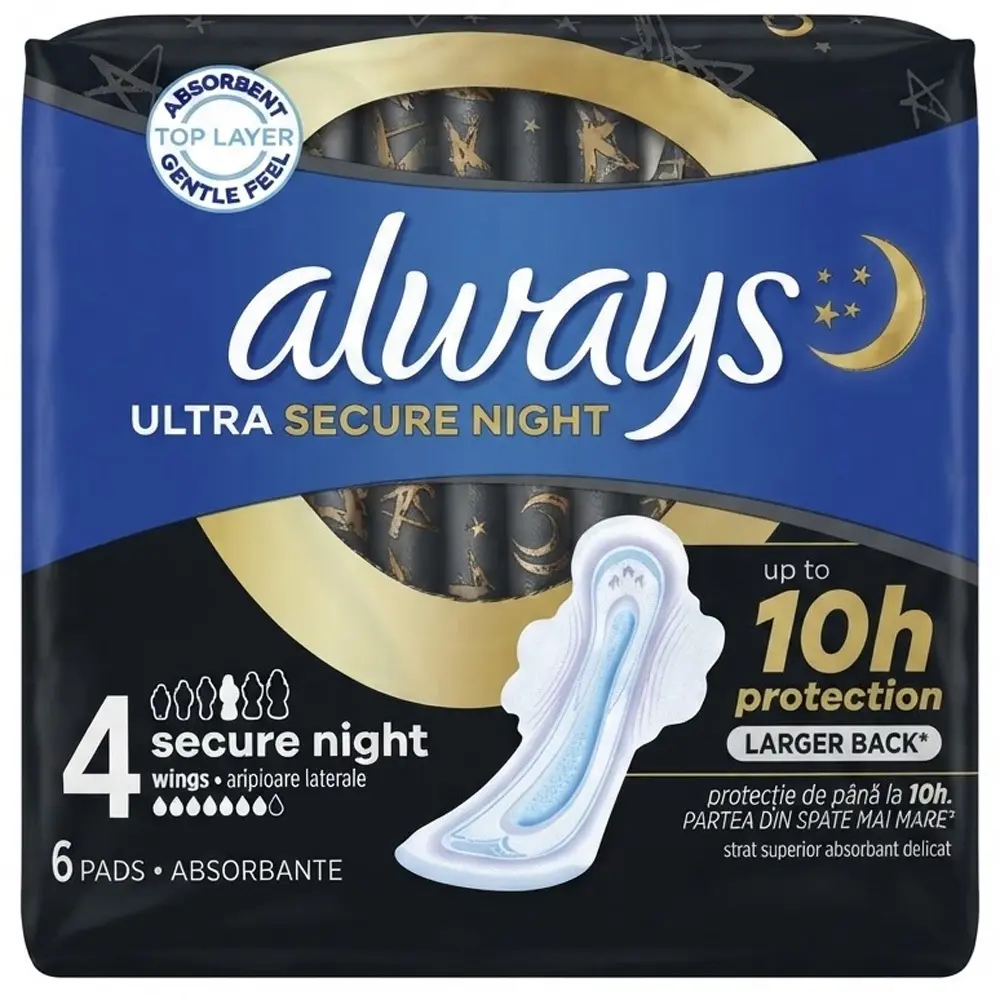 Zdjęcie produktu Podpaski ze Skrzydełkami Always Ultra Secure Night R. 4 Wings 10h Protection 6 szt.