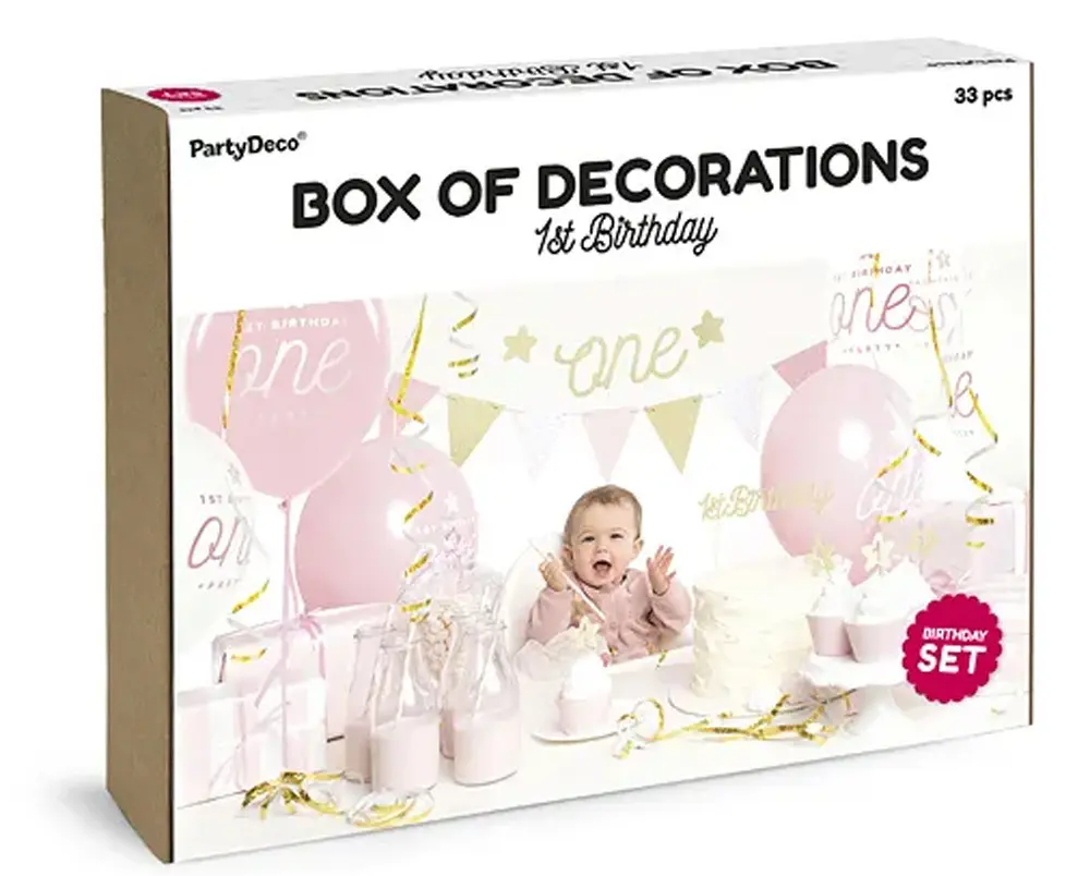 Zdjęcie produktu Party Box Na Roczek Dla Dziewczynki Różowy Balony Tasiemki Girlanda Kubki 33 elementy
