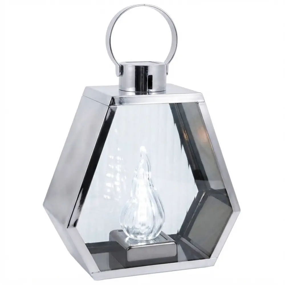 Zdjęcie produktu Znicz Latarnia LED na Cmentarz Duży Srebrny z Wkładem LED Żywy Płomień Hexagonalny XXL 23cm