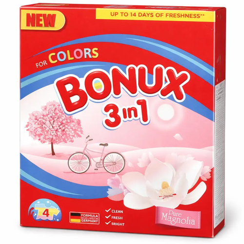 Zdjęcie produktu Proszek do prania kolorów Bonux 3in1 pure magnolia 400g 4 prania 