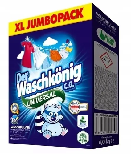 Zdjęcie produktu Proszek do Prania Uniwersalny Der Waschkoning do białych i do kolorowych tkanin 100 prań 6kg