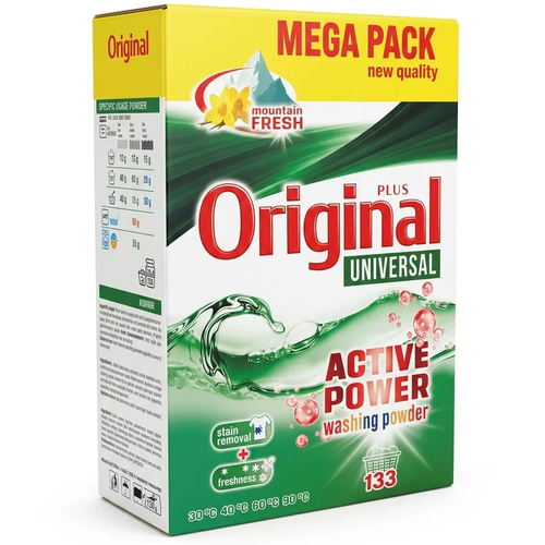 Zdjęcie produktu Proszek do prania tkanin białych i kolorowych Original Plus Universal bardzo skuteczny 8kg 133 Prania