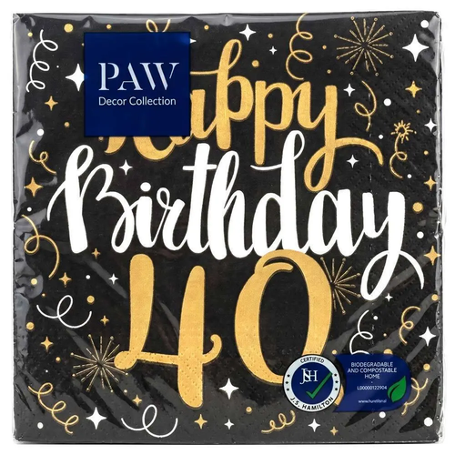 Zdjęcie produktu Serwetki Urodzinowe 40 urodziny Happy Birthday czarno złote 3 warstwy 33x33 cm