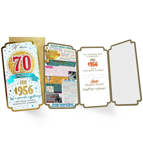 Zdjęcie produktu Kartka na 70 Urodziny Karnet ze Złotą Kopertą i Życzeniami na siedemdziesiątkę PM-454