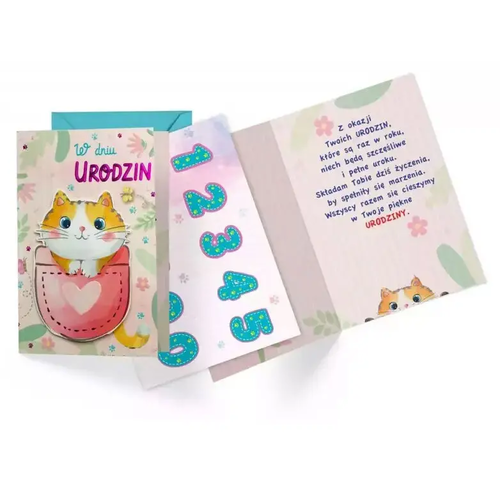 Zdjęcie produktu Kartka na Urodziny Dziecka Karnet Urodzinowy Kotek Naklejki z Cyfrą Urodzin w środku DK-1072