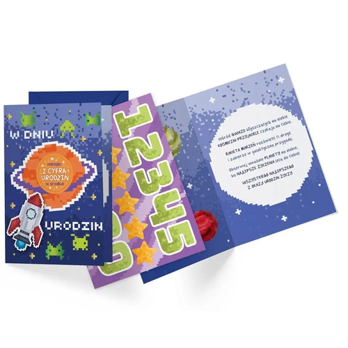 Zdjęcie produktu Kartka na Urodziny Dziecka Kosmos Rakieta Karnet Urodzinowy Naklejki z Cyfrą Urodzin w środku DK-1089