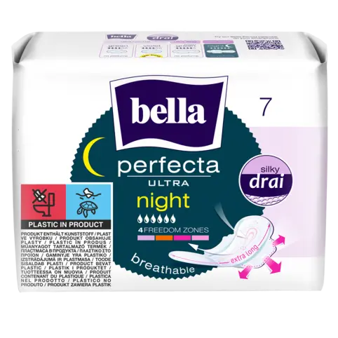 Zdjęcie produktu Podpaski Higieniczne ze Skrzydełkami Bella Perfecta Ultra Night Silky Drai 7 sztuk