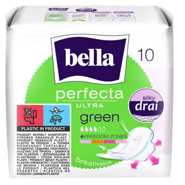 Zdjęcie produktu Podpaski Higieniczne ze Skrzydelkami Bella Perfecta Ultra Green silky drai oddychające 10 sztuk