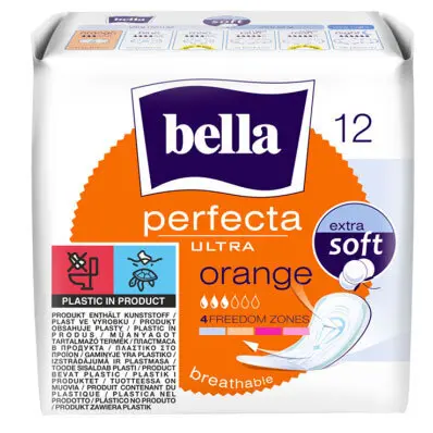 Zdjęcie produktu Podpaski Higieniczne ze Skrzydelkami Bella Perfecta Ultra Orange Extra Soft oddychające 12 sztuk