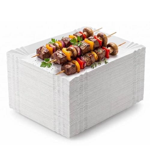 Zdjęcie produktu Tacki Papierowe Prostokątne grillowe na szaszłyk kiełbasę białe uniwersalne BEZ SUP 20x25 cm 100 sztuk