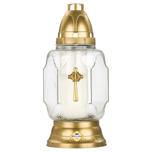 Zdjęcie produktu Znicz szklany z wkładem lampion złoty bezbarwny model 1135 AP ZL Bezb 19 cm