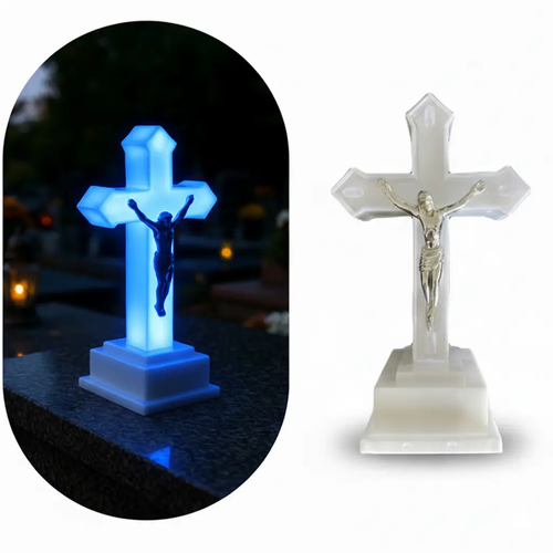 Zdjęcie produktu Wkład LED Znicz Krzyż Niebieski Bezpłomieniowy z bateriami w komplecie