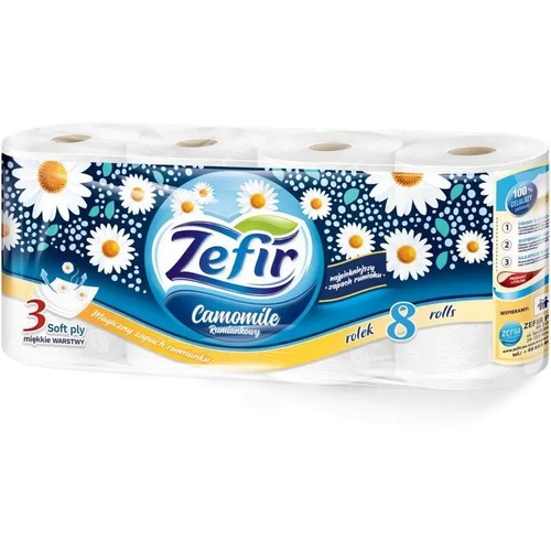 Zdjęcie produktu Papier Toaletowy Rumiankowy Zefir 8 Rolek 3 Warstwy Ekologiczny 100% Cellulozy Biały Miękki Zapachowy