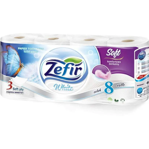 Zdjęcie produktu Papier Toaletowy Zefir White 8 Rolek 3 Warstwy Ekologiczny 100% Cellulozy Biały Miękki