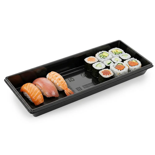 Zdjęcie produktu Pojemnik na sushi czarny plastikowy taca do sushi 560szt 21x8 cm