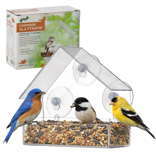 Zdjęcie produktu Karminik dla Ptaków z daszkiem Garden Line przezroczysty 2-częściowy z 3 przyssawkami 14,5 x 6 x 15 cm
