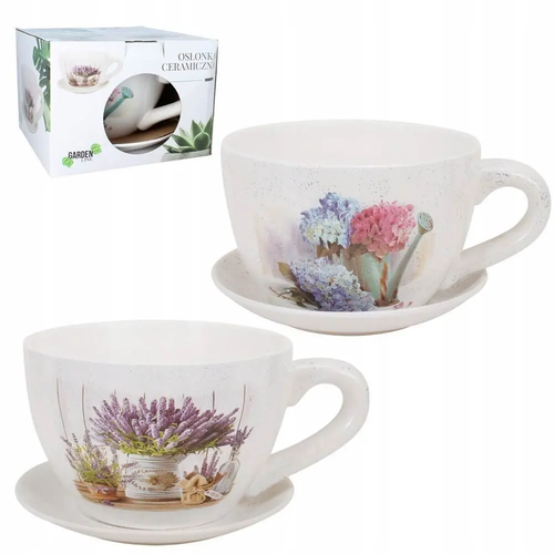 Zdjęcie produktu Osłonka ceramiczna na doniczkę na kwiaty filiżanka biała lawenda dekoracyjna 33x25x20 cm mix wzór 1 szt.