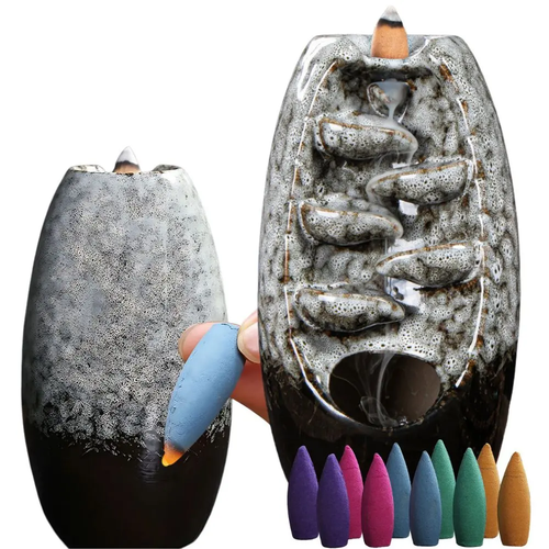 Zdjęcie produktu Kominek Zapachowy Wodospad Ceramiczny Szary z Kadzidełkami 