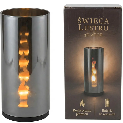 Zdjęcie produktu Wkład Znicz LED Świeca Tuba Lustrzana 3D efekt płomienia srebrny przyciemnione szkło 13 x 6cm z bateriami