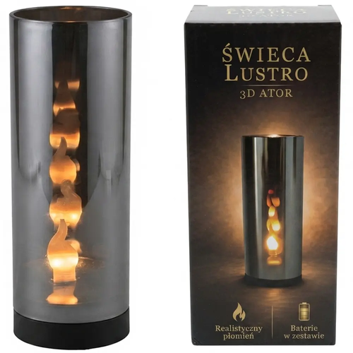 Zdjęcie produktu Wkład Znicz LED Świeca Tuba Lustrzana 3D efekt płomienia srebrny przyciemnione szkło 15 x 6cm z bateriami