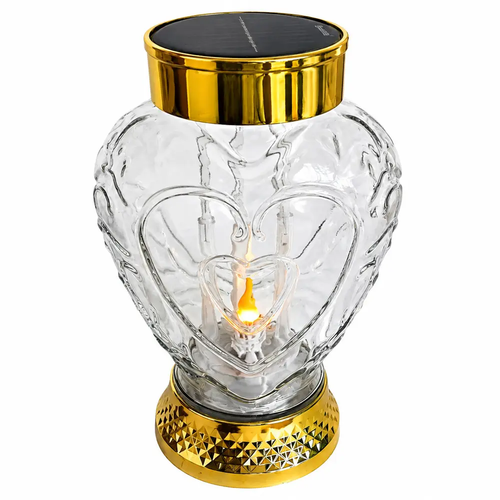 Zdjęcie produktu Latarnia Solarna Led Złota Lampion Znicz Szklany Serce Ciepły Płomień z wymiennymi akumulatorkami 22 cm...