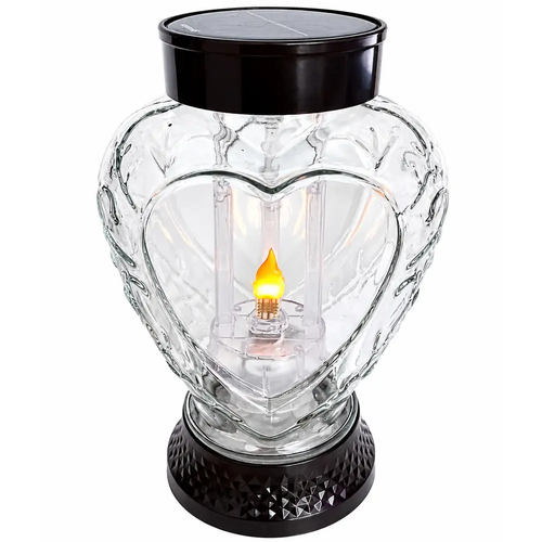 Zdjęcie produktu Latarnia Solarna Led Znicz Szklany Lampion Czarny Serce Ciepły Płomień z wymiennymi akumulatorkami 22 cm...