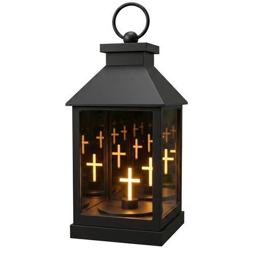Zdjęcie produktu Znicz Latarnia Lampion LED 3D Świecący Krzyż Czarna Efekt Lustra 36cm