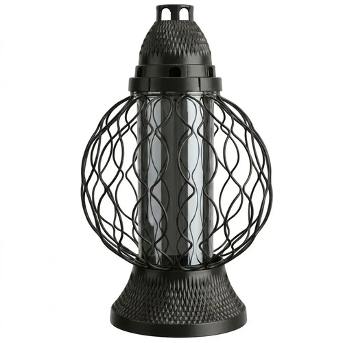 Zdjęcie produktu Znicz na Cmentarz Ażurowa Kula ze Szklaną Tubą na Wkład Parafinowy lub LED Czarny 38cm