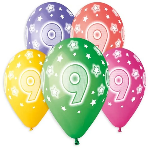 Zdjęcie produktu Zestaw Balonów na Urodziny Premium Hel Nadruk Cyfra 9 mix kolor 33 cm 5szt.