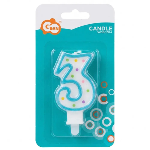 Zdjęcie produktu Świeczka Cyferka na Tort Urodzinowy Cyfra 3 z Kropeczkami 7,5 cm