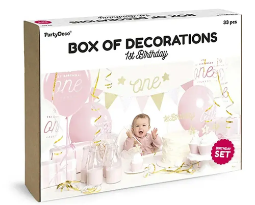Zdjęcie produktu Party Box Na Roczek Dla Dziewczynki Różowy Balony Tasiemki Girlanda Kubki 33 elementy