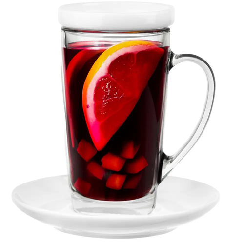 Zdjęcie produktu Zestaw Kubek Szklany ze Spodkiem i Przkrywką na Herbatę Kawę 400ml 